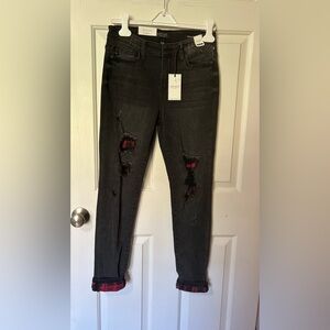 Judy Blue Skinny Jeans Faded Black Distressed Plaid Patches Stretch Sz 7/28 NWT